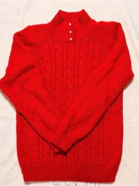 Men's Red Cable Turtleneck Sweater with Button Placket